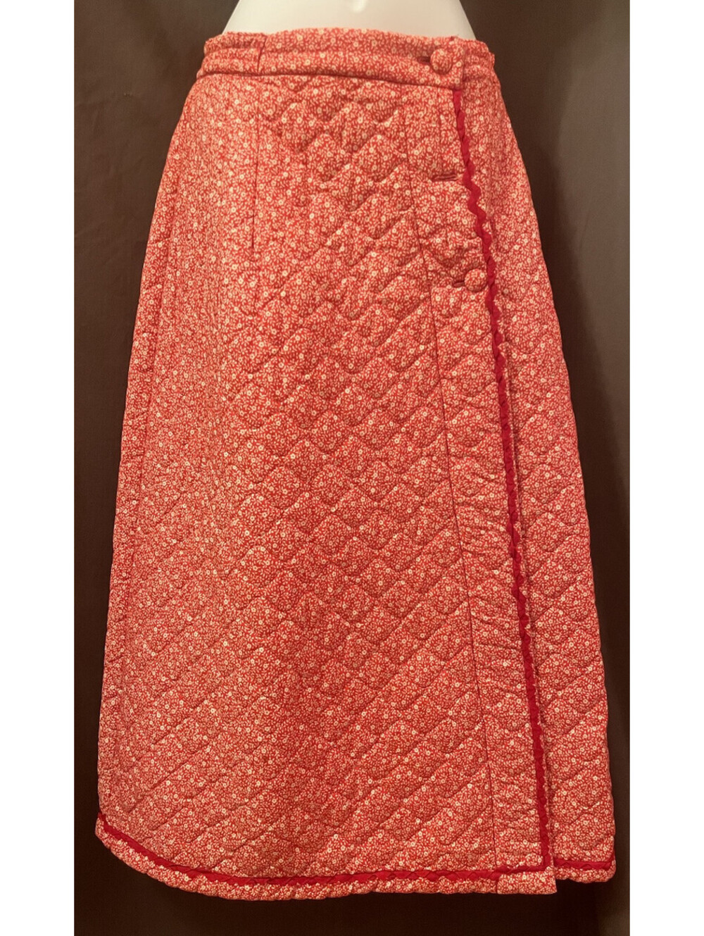 VTG 70s Prairie Gunne Peasant Hippie Quilted Red Calico Cotton Maxi Wrap Skirt